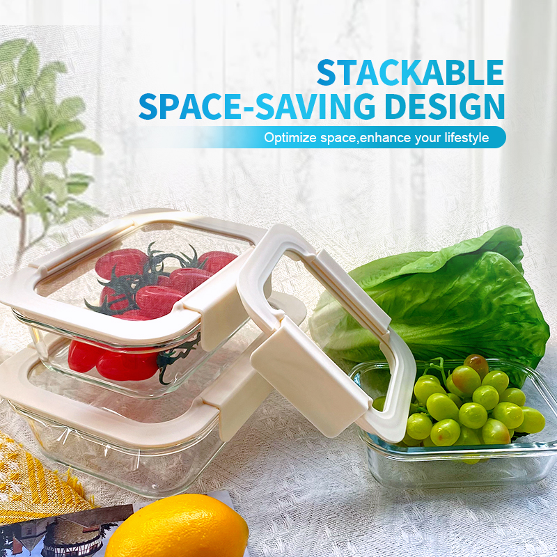 370ml/630ml/1040ml/1500ml Rectangular Glass Food Container with Leakproof Airtight Glass Lid