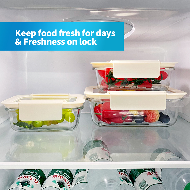370ml/630ml/1040ml/1500ml Rectangular Glass Food Container with Leakproof Airtight Glass Lid
