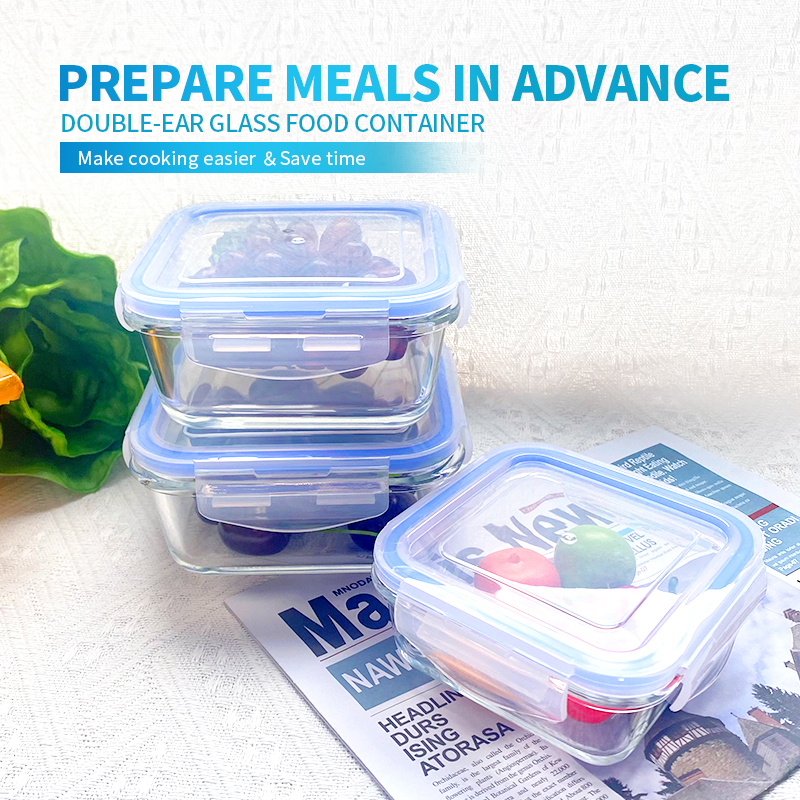 340ml/570ml/690ml High Borosilicate Square Glass Microwavable Lunch Box - Bulge Rims with Snap Locking Lid