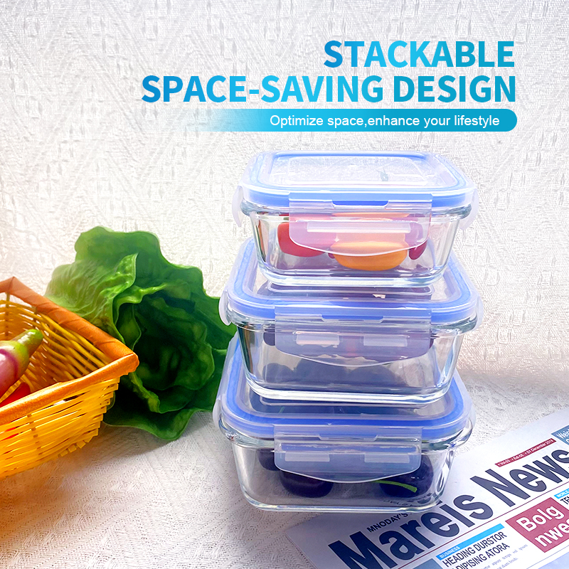 340ml/570ml/690ml High Borosilicate Square Glass Microwavable Lunch Box - Bulge Rims with Snap Locking Lid
