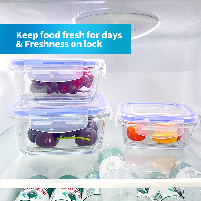 340ml/570ml/690ml High Borosilicate Square Glass Microwavable Lunch Box - Bulge Rims with Snap Locking Lid