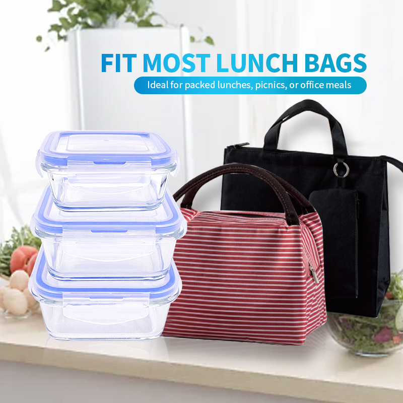 340ml/570ml/690ml High Borosilicate Square Glass Microwavable Lunch Box - Bulge Rims with Snap Locking Lid