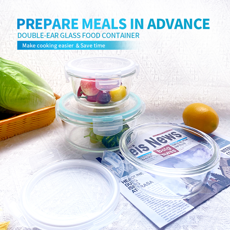 410ml/570ml/840ml Eco-Friendly BPA-Free Round Glass Lunch Box - Bulge Rims with Plastic Lid