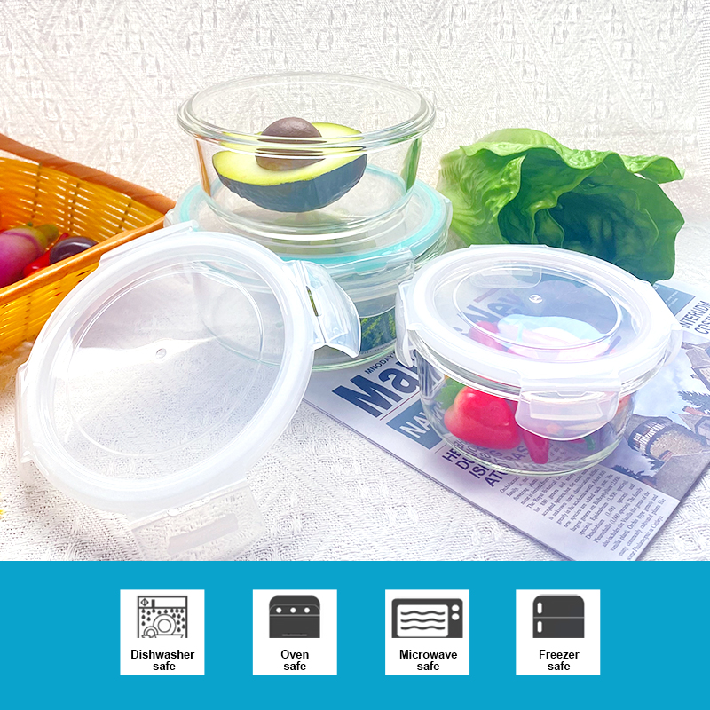 410ml/570ml/840ml Eco-Friendly BPA-Free Round Glass Lunch Box - Bulge Rims with Plastic Lid