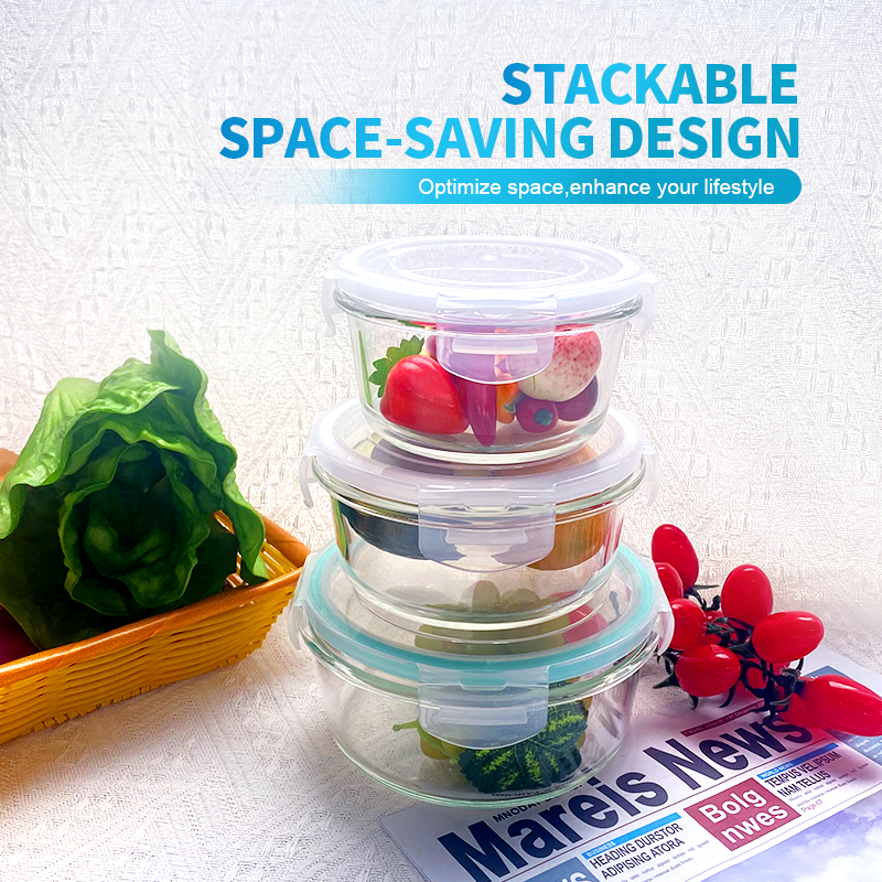 410ml/570ml/840ml Eco-Friendly BPA-Free Round Glass Lunch Box - Bulge Rims with Plastic Lid
