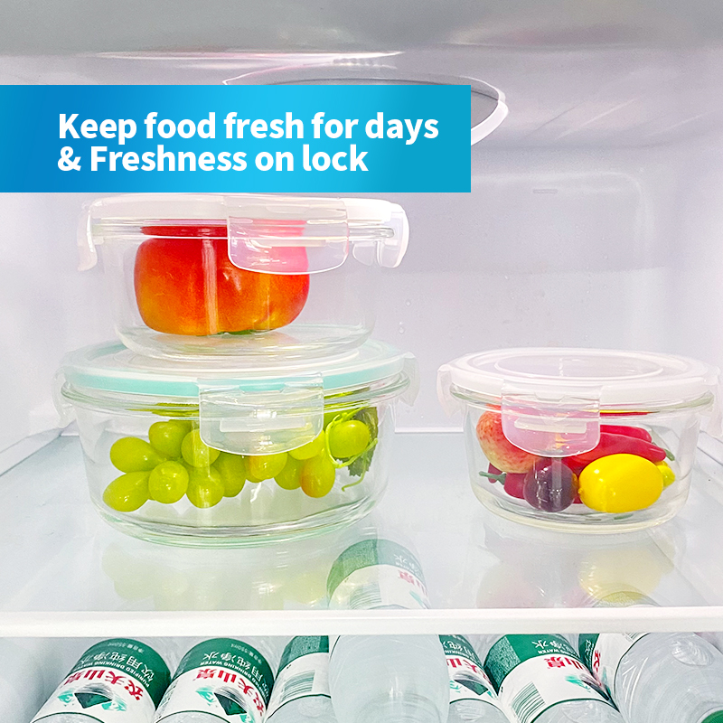 410ml/570ml/840ml Eco-Friendly BPA-Free Round Glass Lunch Box - Bulge Rims with Plastic Lid