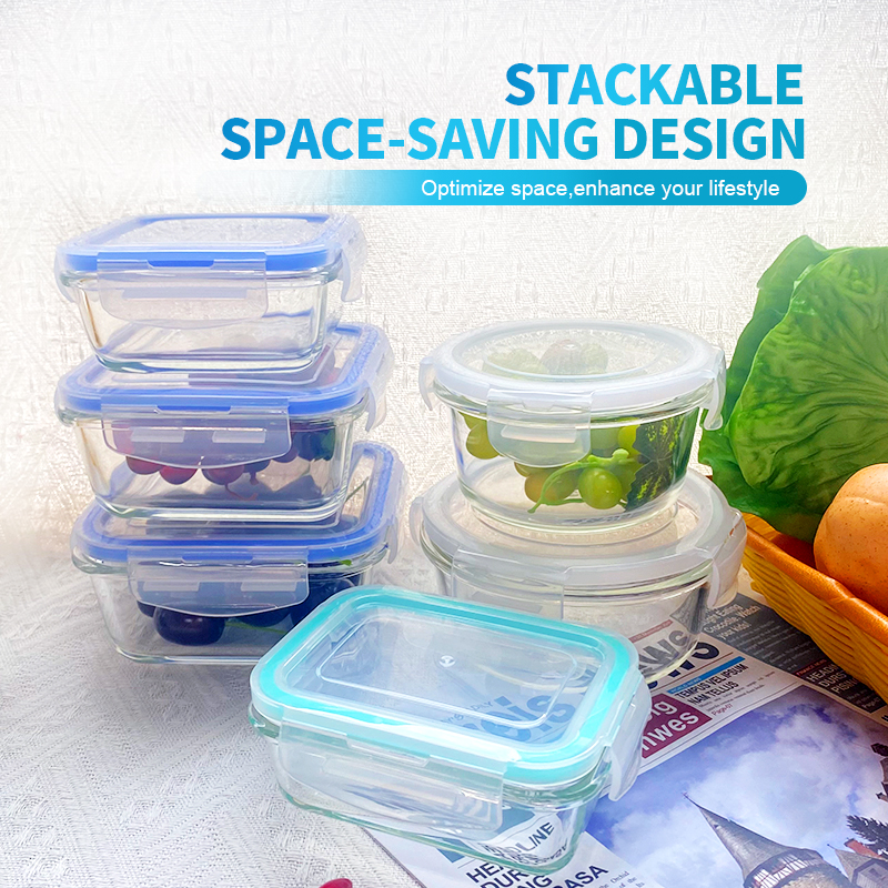 Online Practical Reusable Hot Lunch Box Glass Storage Containers for Food Storage with Bulge Rims