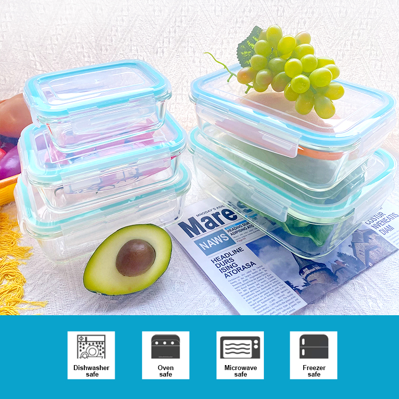 330ml/570ml/840ml/1180ml/1860ml Rectangular Glass Fresh Food Storage Box - Microwave Meal Prep Containers with Bulge Rims