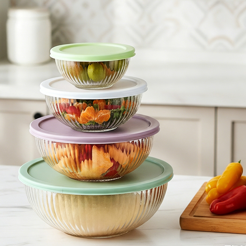 Stylish Ribbed Glass Mixing Bowl Set with Lids for Kitchen Use