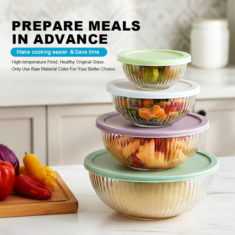 Stylish Ribbed Glass Mixing Bowl Set with Lids for Kitchen Use