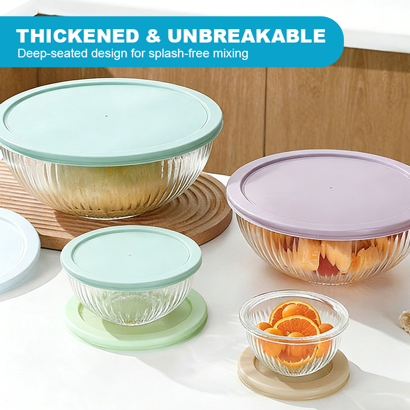 Stylish Ribbed Glass Mixing Bowl Set with Lids for Kitchen Use