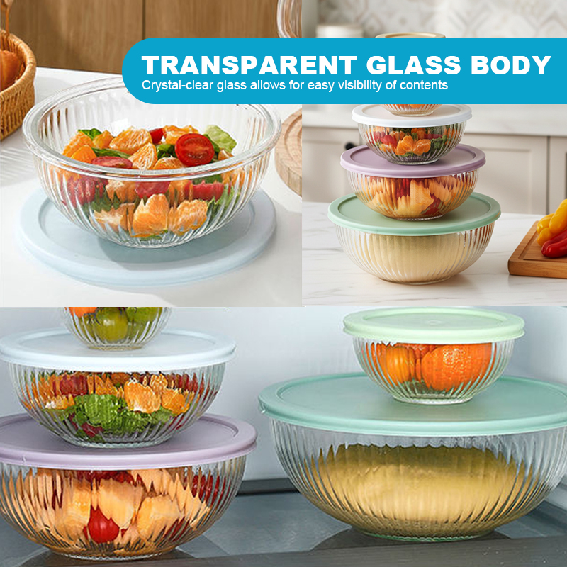 Stylish Ribbed Glass Mixing Bowl Set with Lids for Kitchen Use