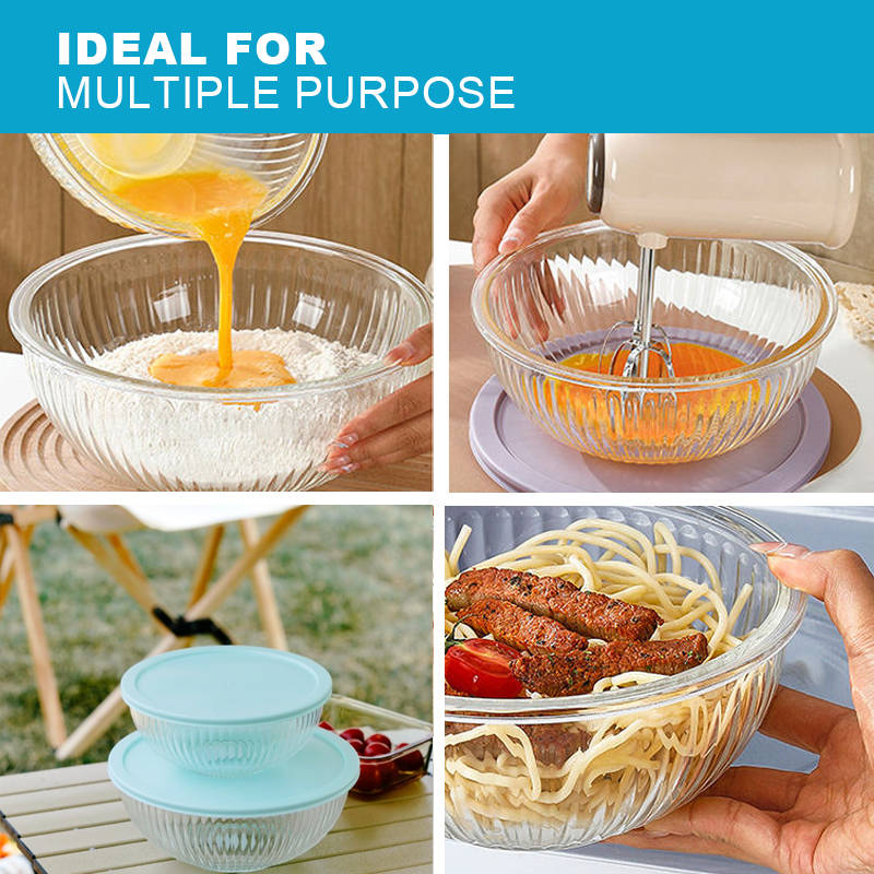 Stylish Ribbed Glass Mixing Bowl Set with Lids for Kitchen Use