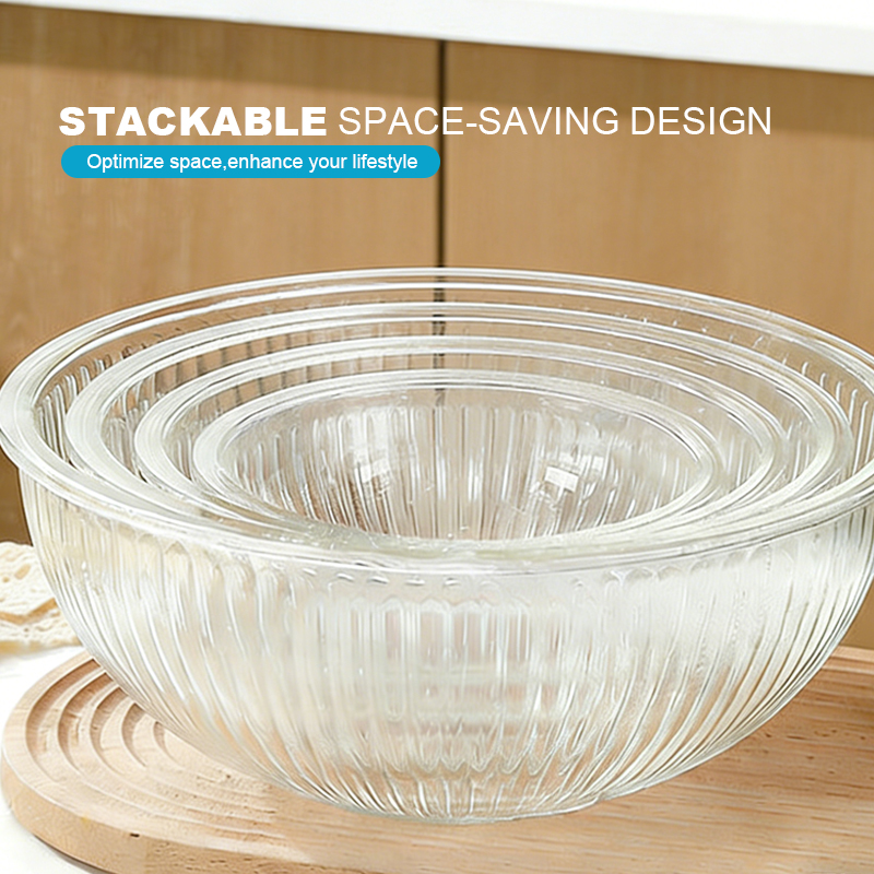 Stylish Ribbed Glass Mixing Bowl Set with Lids for Kitchen Use