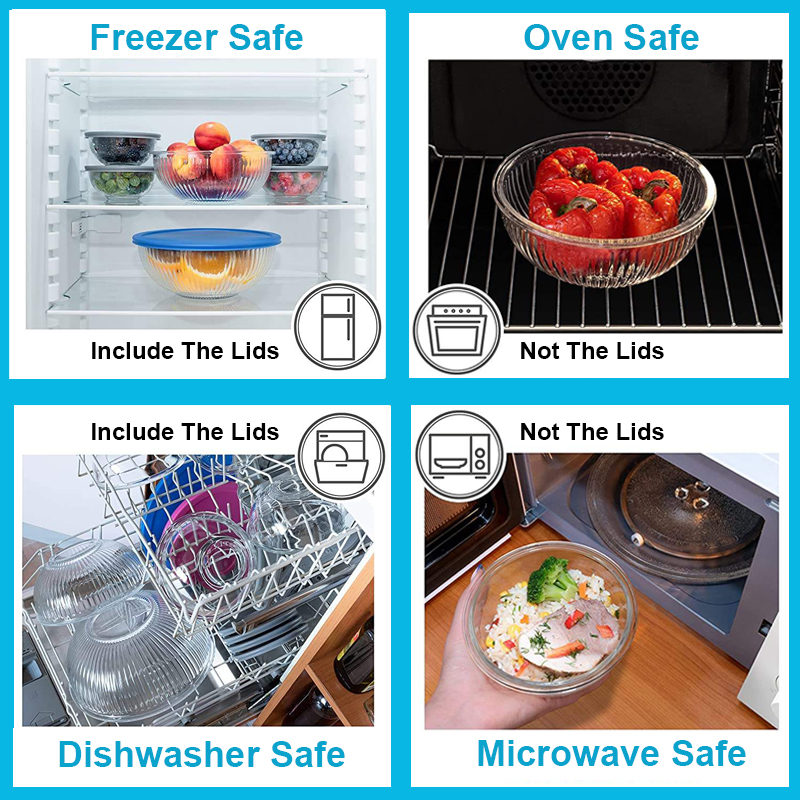 Stylish Ribbed Glass Mixing Bowl Set with Lids for Kitchen Use